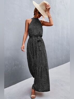 Black Polka Dot Halter Maxi Dress